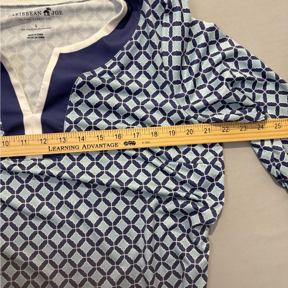 Caribbean Joe Dress Women's Large Blue White Geometric Print Tunic 3/4 Sleeve - Picture 7 of 8